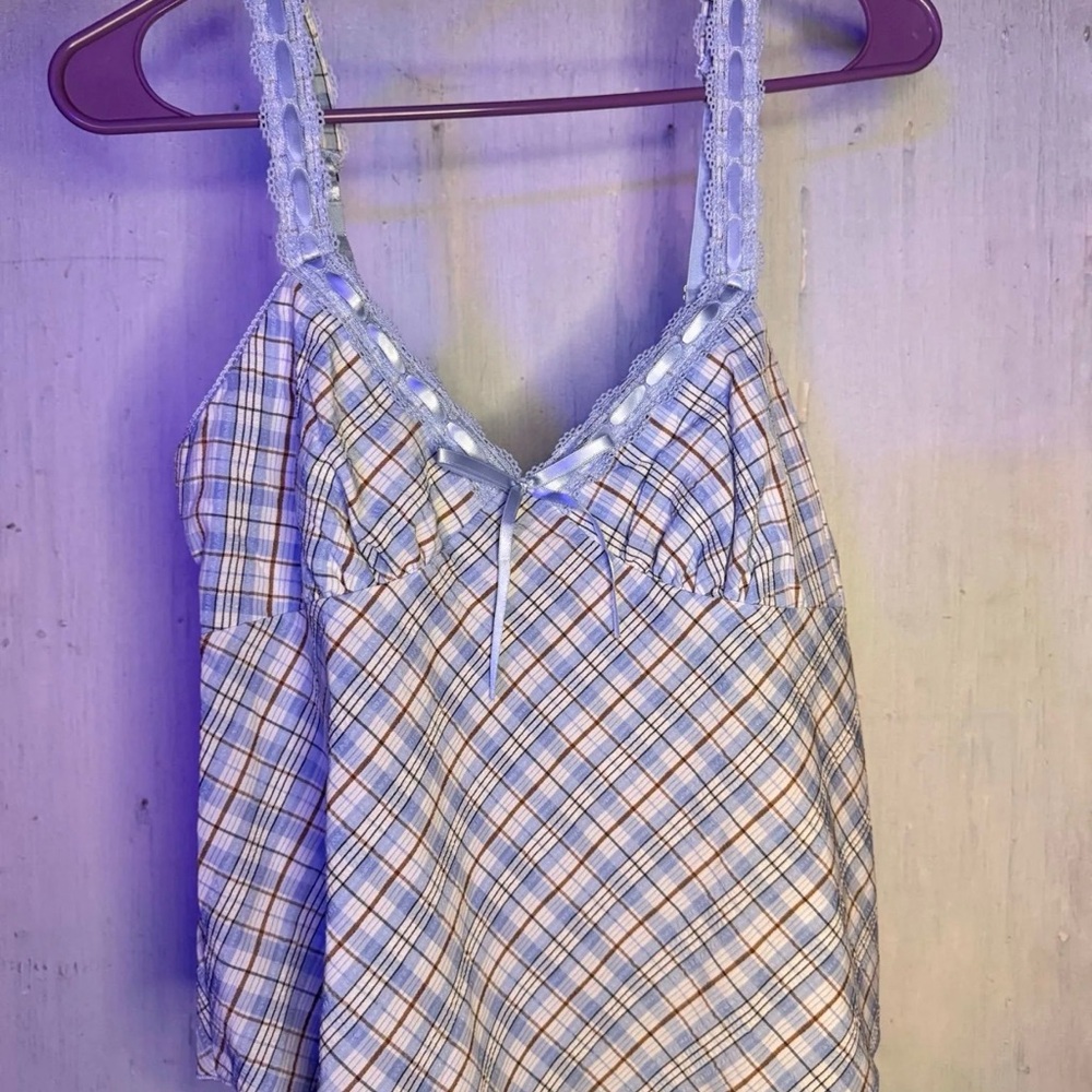 Plaid Lace-Trim Tank Top in Light Blue